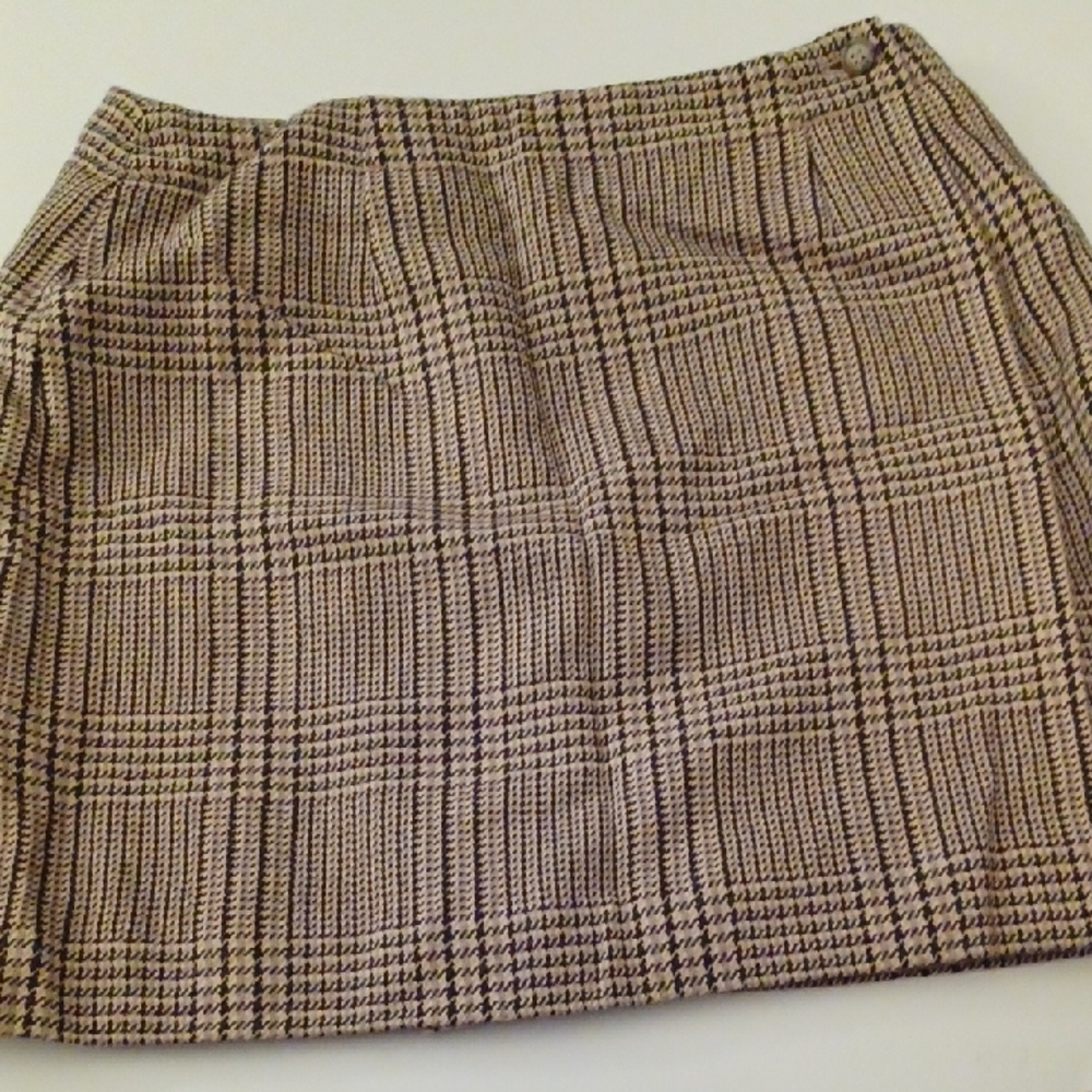 INC Plaid Women's Skirt Brown 12P Acetate Lined 100% Wool Wrap Front Side Button